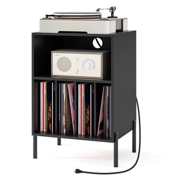 Giantex Meuble pour Tourne-Disque, Table d'Appoint Tournante Table de Nuit avec Station de Recharge et Disque Vinyle, Armoire de Rangement, Noir