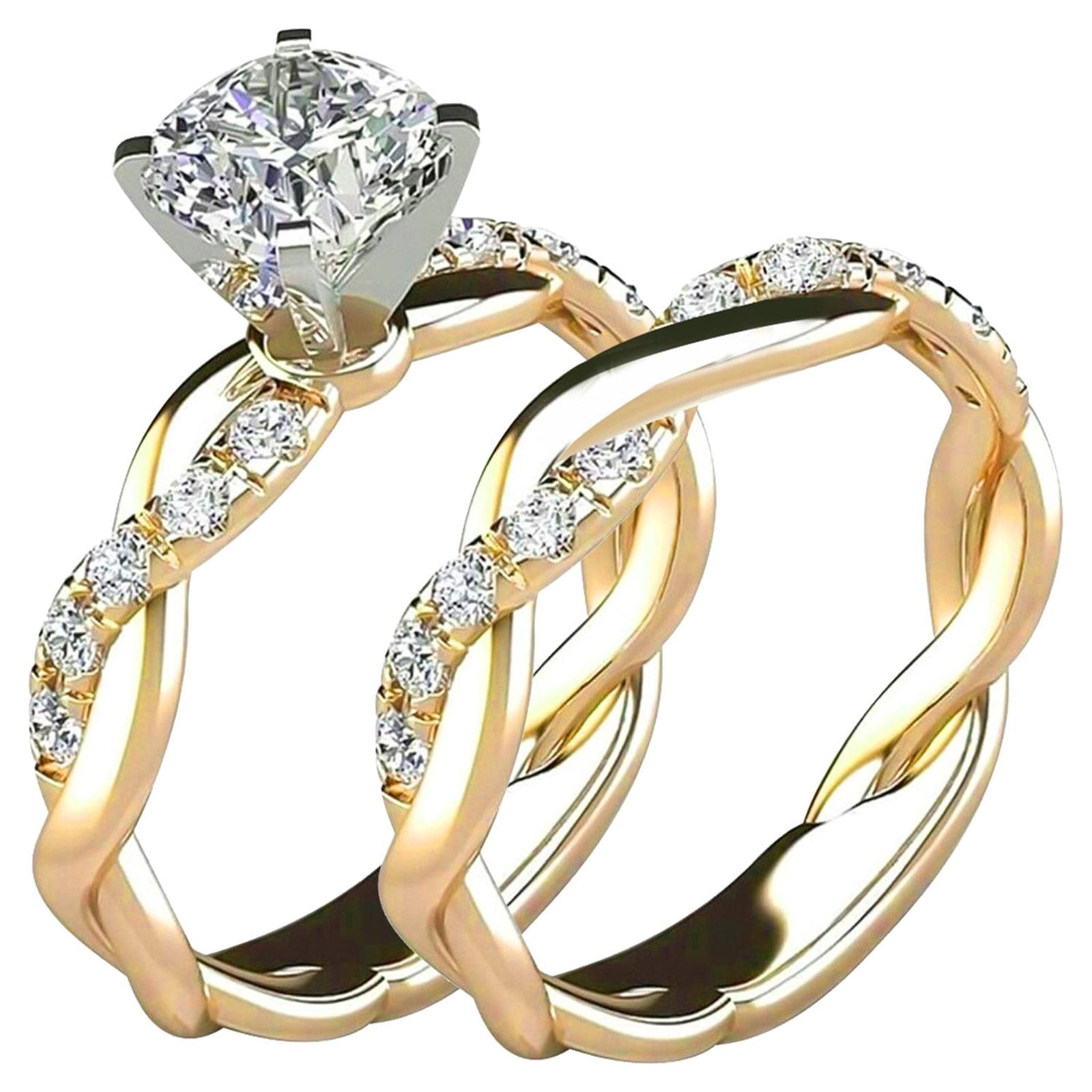 Heliisoer 2PC Bridal Zircon Diamond Elegant Engagement Wedding Band Set
