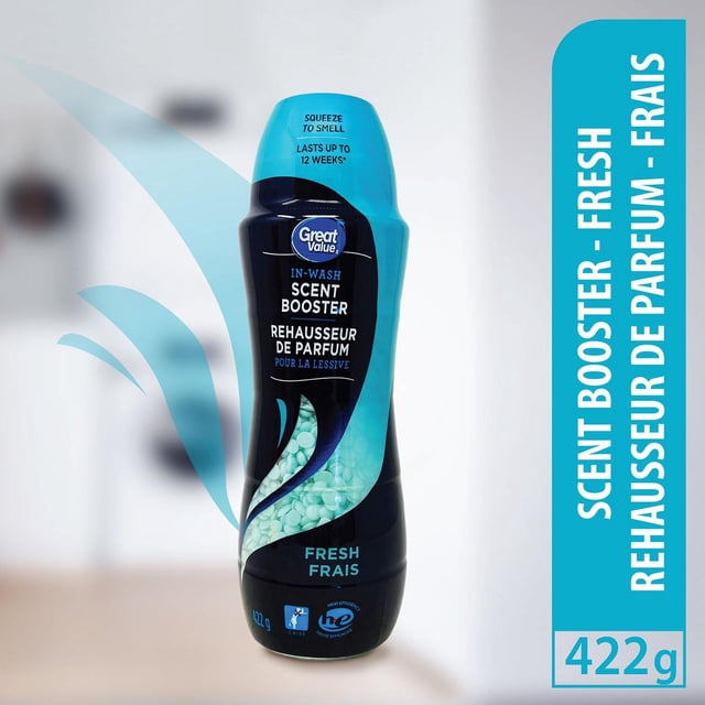 Great Value In-Wash Fresh Scent Booster in a 422g black and blue bottle with visible green scent beads, designed for high-efficiency washers, providing up to 12 weeks of fresh fragrance and suitable for refreshing laundry and linens.
