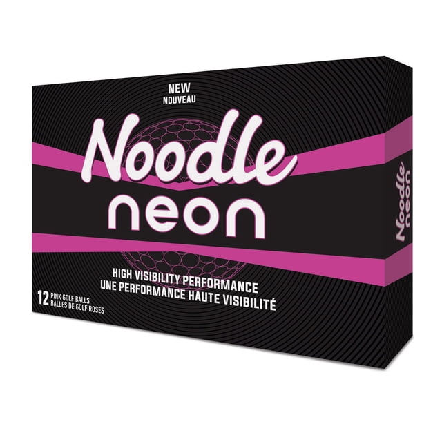 TaylorMade Noodle Neon Pink Golf Ball - One Dozen box with black and pink design, showing 12 pink golf balls featuring 342 aerodynamic dimples and a low-compression core for longer distance and high visibility on the golf course.
