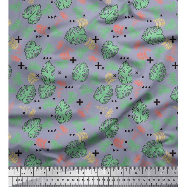 Soimoi Polyester Crepe Fabric Geometric Sign,Clover & Monstera Leaves Fabric Prints by Yard 52 Inch Wide
