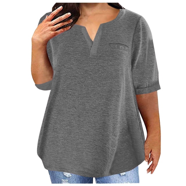 Plebaso Plus Size Tops for Women Short Sleeve V Neck Loose Blouses Casual Solid Color Womens Tunic Tops