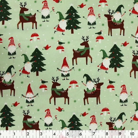 Fabric Creations Light Green Gnome For The Holiday Cotton Fabric by the Metre