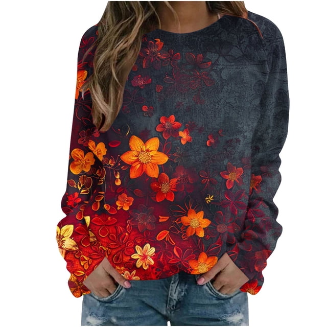 KIHOUT Chandails Molletonnés pour Femmes en Liquidation, Hauts Blouse à Manches Longues d'Automne et d'Hiver à Col Rond à Imprimé Floral, Coupe Ample, Taille P-2TG
