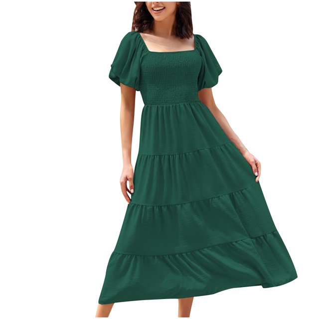 AherBiu Summer Beach Dress for Women Smocked Square Neck Short Sleeve Tiered Ruffle Flowy Boho Dresses