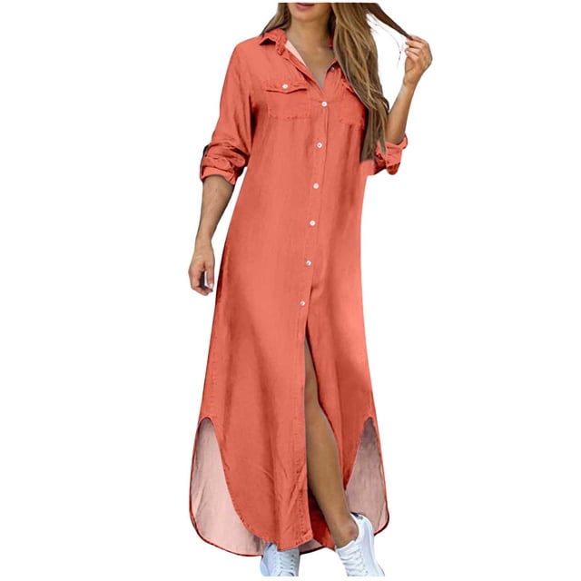 CEHVOM Robe d'Été pour Femme, Couleur Unie, Décontractée, à Manches Longues, Col Rabattu, Robe Maxi Décontractée de Plage, Solde