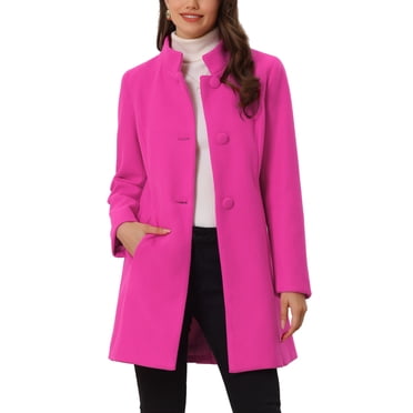 INSPIRE CHIC Manteau d'Hiver pour Femme à Col Montant, à Simple Boutonnage, Long Mi-Cuisse, Rose Vif, P