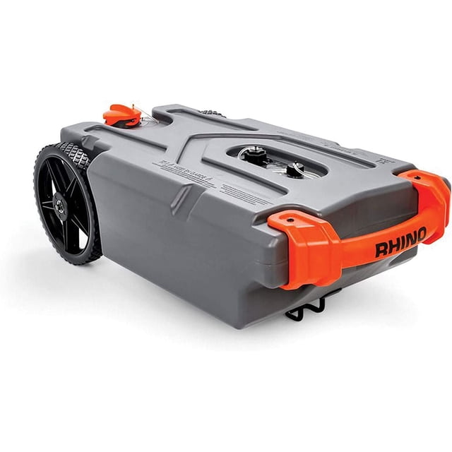Camco Rhino Portable Holding Tank, 21 Gallon, grey rectangular RV waste tote with large black no-flat wheels and orange handles, featuring a low drain hole for complete emptying and an integrated tank rinser for easy cleaning.