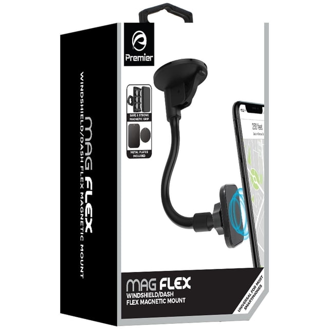 Magnetic Window Flex Mount by Premier with a black flexible neck and strong magnetic grip, designed for secure windshield or dashboard mounting in cars, holding a smartphone displaying a navigation map, ideal as a universal car phone holder.