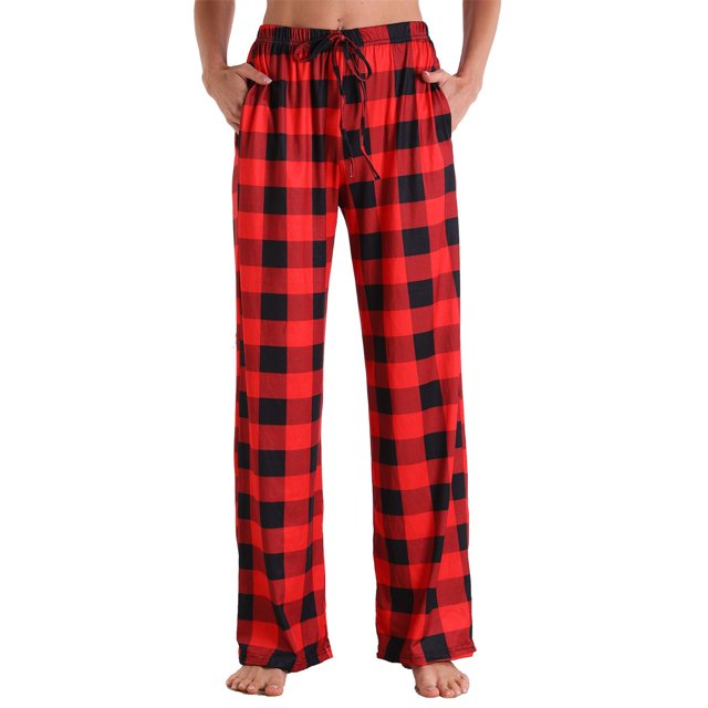 Ensembles de Pyjama pour Femmes, Mode Estivale Décontractée pour Femmes, Pantalon de Pyjama Imprimé à Taille Élastique. l'Image Montre un Pantalon de Pyjama à Carreaux Rouge et Noir avec une Taille Élastique et une Fermeture à Cordon. Ces Pantalons Pleine Longueur Sont Fabriqués en Mélange Léger polyester-spandex, Conçus pour le Confort et la Détente Décontractée. le Modèle Est Pieds Nus, Mettant en Valeur la Coupe Décontractée.