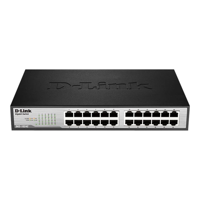 D-Link DGS 1024C - Switch - unmanaged - 24 x 10/100/1000. Front-facing 1U rack-mountable metal switch with 24 RJ45 Gigabit Ethernet ports in two rows, individual LED link/activity indicators above each jack, side ventilation slots and compact desktop or desktop/rack housing; often used to expand wired Gigabit ports for small office or home network setups.
