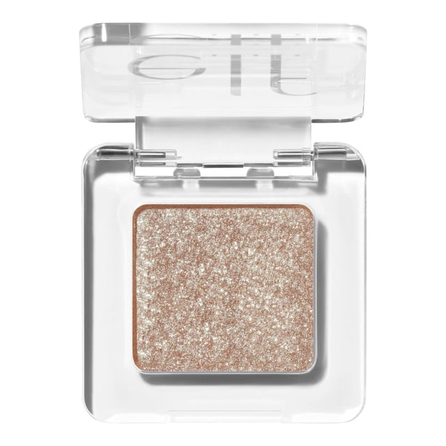 e.l.f. Cosmetics Fine as Fleck Glitter Eyeshadow in a clear square compact featuring a sheer champagne glitter eyeshadow topper with micro-fine flecks, smooth formula for long-lasting wear, ideal for layering or solo use to enhance eye looks.