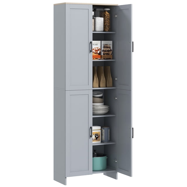 HOMCOM Armoire de Garde-Manger de Cuisine 67 Pouces à 4 Portes avec Tablettes Ajustables en Gris avec Dessus Effet Bois Naturel. Comprend des Panneaux de Porte Encastrés, des Étagères à Six Niveaux pour Vaisselle, Casseroles et Produits Secs, et des Tablettes Ajustables pour Articles Surdimensionnés. Comprend des Poignées en Métal, des Sangles Anti-Basculement et un design compact Mesurant 23.6 Pouces L x 11.8 Pouces P x 67.1 Pouces H. Convient aux Cuisines, Salles à Manger Ou Bureaux.