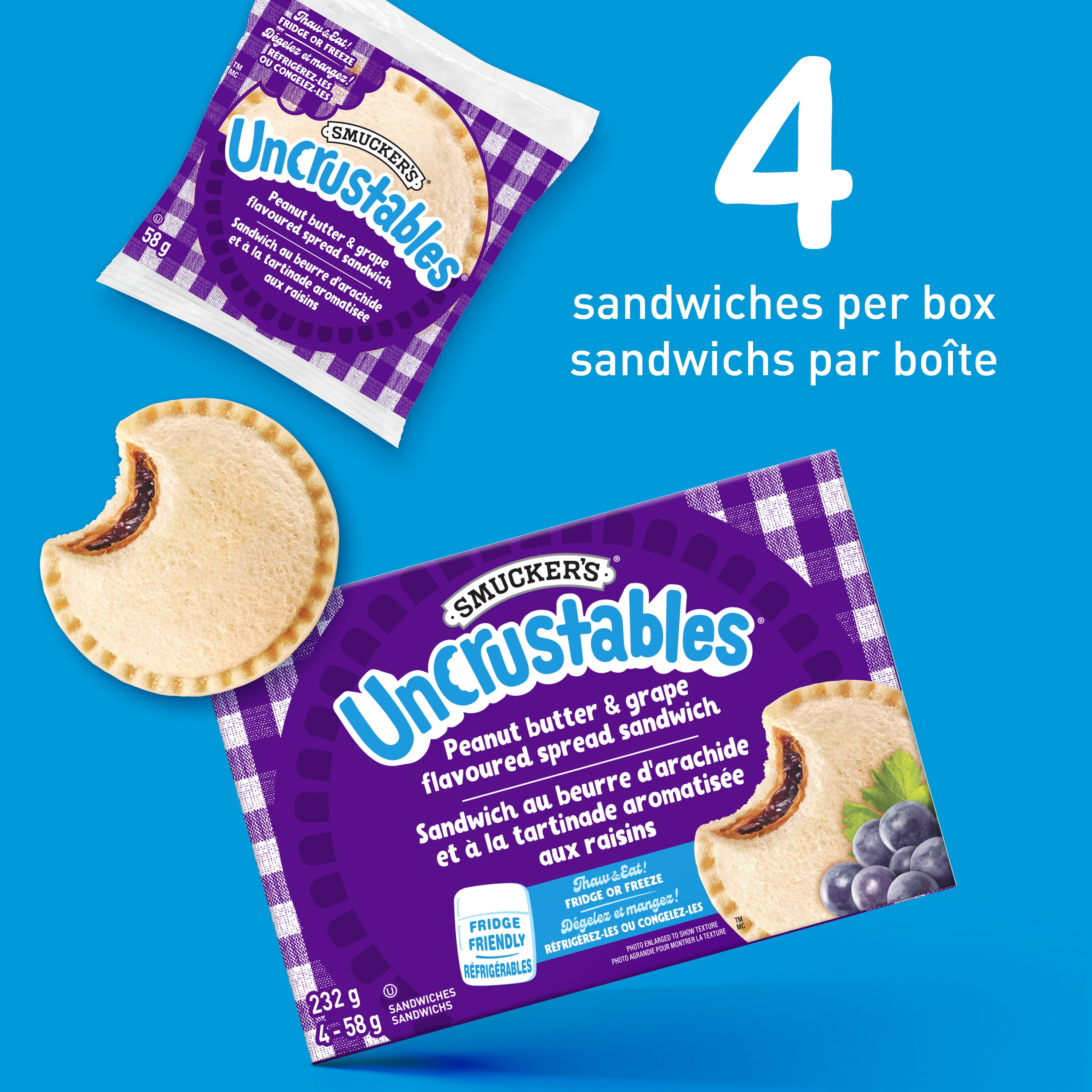 Smucker's Uncrustables Peanut Butter and Grape Flavoured Spread Sandwich, Frozen,58g, Pack of 4