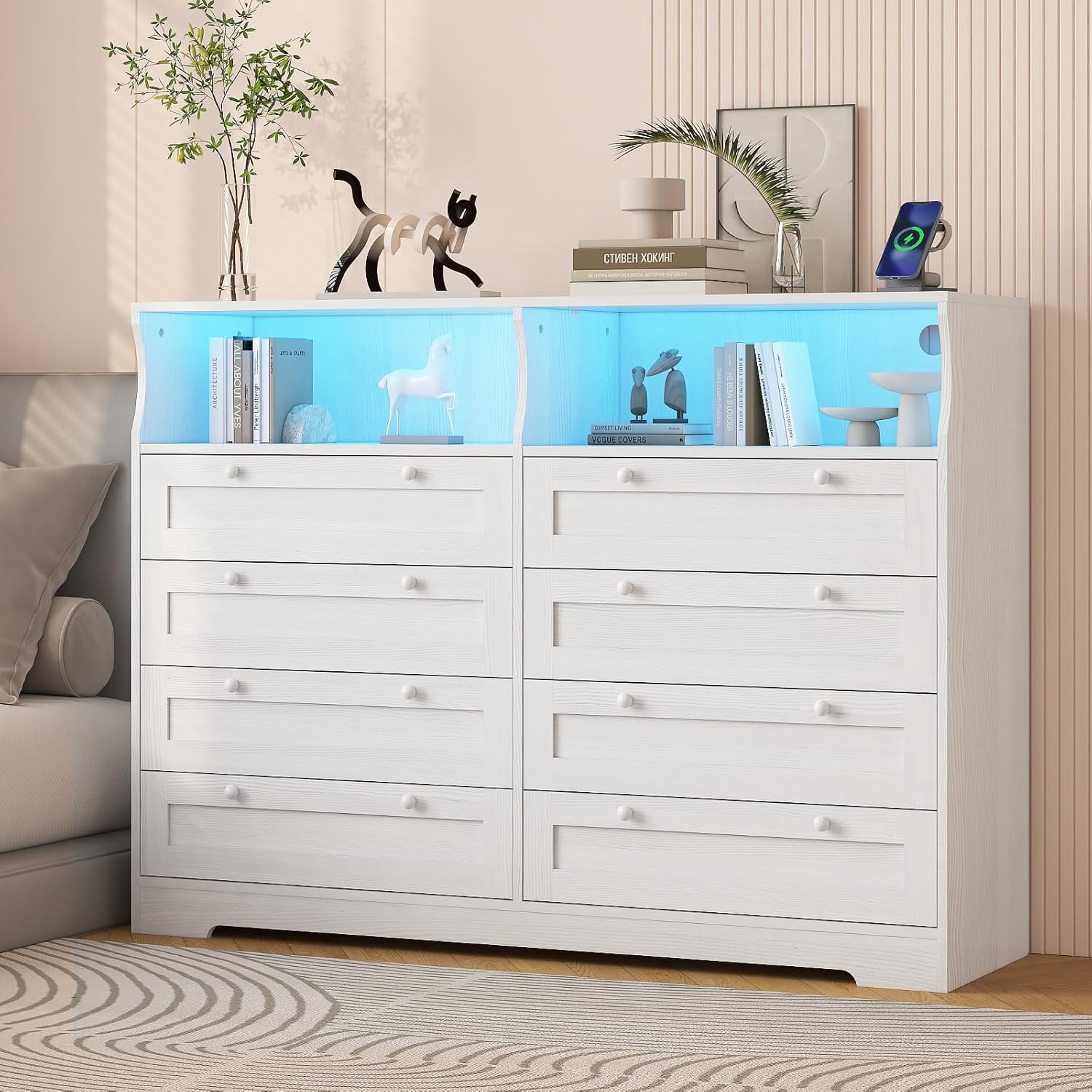 8 Drawers Wood Dressers with Charging Station and LED Lights, Modern Wooden Dresser for Adult Bedroom, Living Room, Hallway, Wide Chests of Drawers TV Stand Dresser for 55" TV