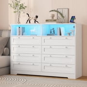 8 Drawers Wood Dressers with Charging Station and LED Lights, Modern Wooden Dresser for Adult Bedroom, Living Room, Hallway, Wide Chests of Drawers TV Stand Dresser for 55" TV