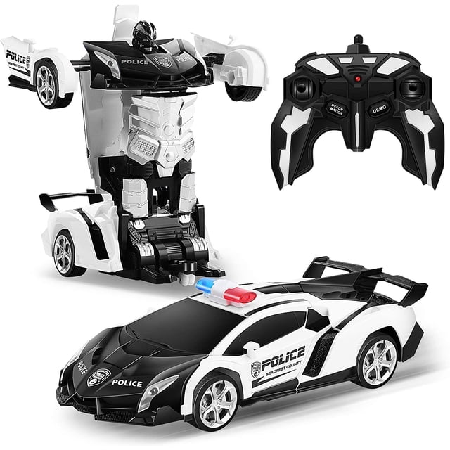 Transform RC Car Robot by PEPISKY, a black and white police-themed remote control toy with xenon-style headlamps and cool light effects. Features include forward, backward, left, and right movements, one-button deformation to switch between car and robot modes, and 360-degree rotation. The 2.4G remote control allows easy operation within 45 meters. Made from durable ABS plastic, this toy includes a remote controller, charging cable, and manual, offering a realistic racing experience and advanced design.