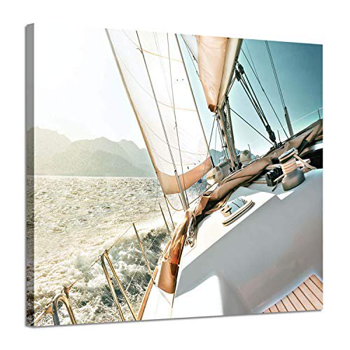 Sailboats Pictures Seascape Arts Paintings: Yacht Against The Roaring Waves of The Ocean at Sunrise Nautical Sea Artwork Printed on Wrapped Canvas for Wall Decoration(24" x 18" Blue Coastal)