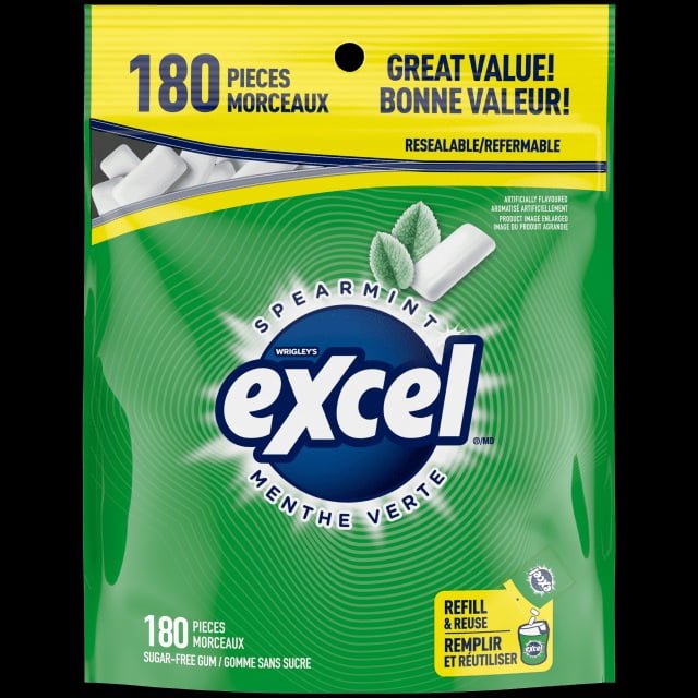 EXCEL, Spearmint Flavoured Sugar Free Chewing Gum, 180 Pieces, 1 Pouch