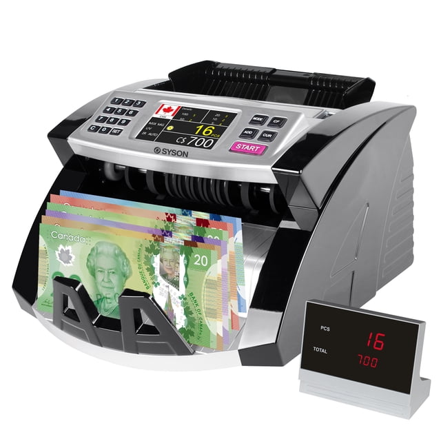 Syson Compteur de Billets à Dénomination Mixte Conçu pour la Monnaie Canadienne, Doté d'Un design compact Noir et Argent avec un Écran TFT de 3,5 Pouces et un Affichage Externe. la machine Est Montrée Comptant des Billets Canadiens d'Une Valeur Totale de 700 CAD et 16 Pcs Affichées à l'Écran. Elle Comprend une Détection de Contrefaçon UV, MG et IR, un Démarrage/arrêt Automatique et des Fonctions par Lots. des Accessoires Tels Qu'un Câble d'Alimentation, une Brosse de Nettoyage, un Fusible de Rechange
