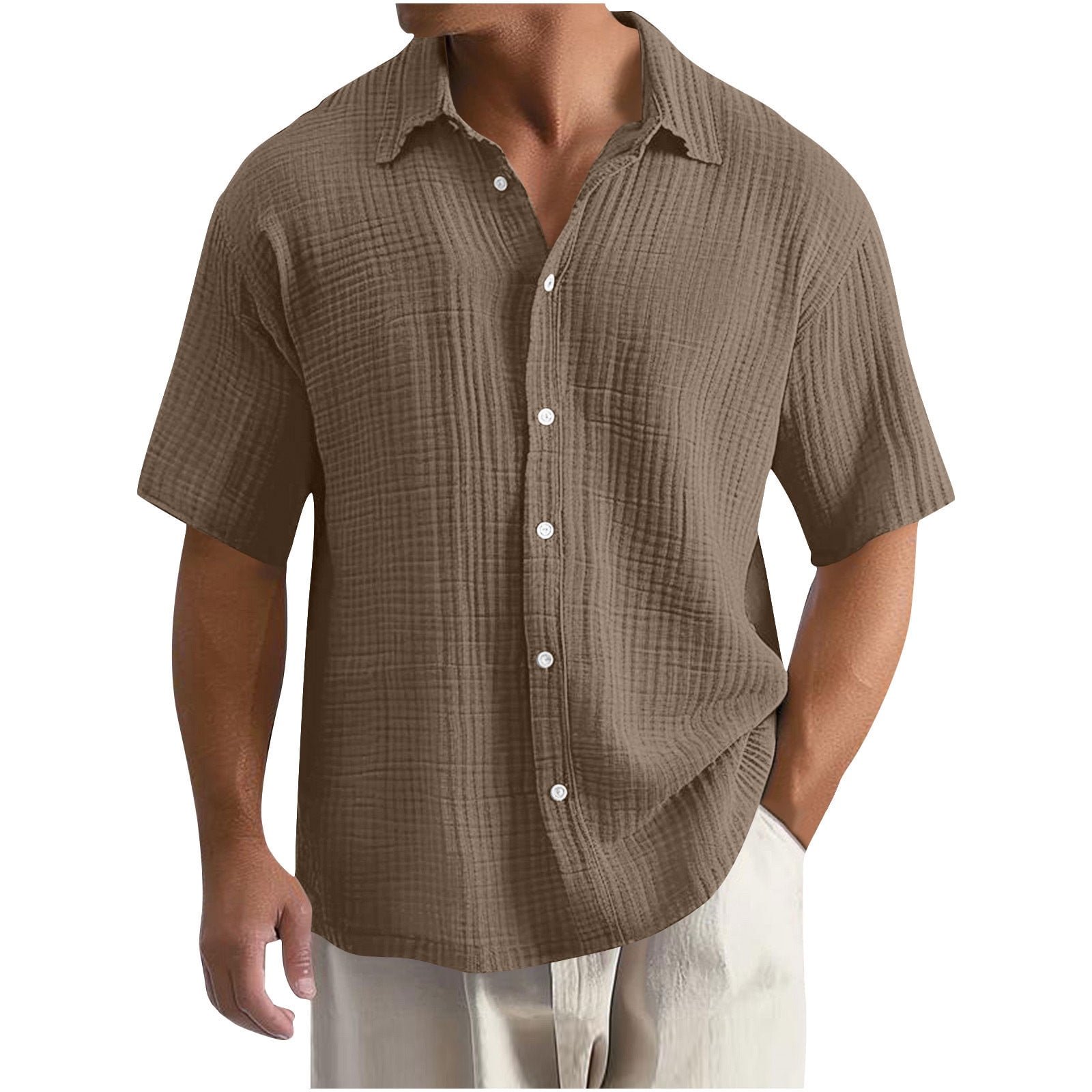 Kaemgyyd Mens Button down Shirt Lightweight Summer Beach Vacation Tops Casual Loose Textured Solid Color Half Sleeve Tee