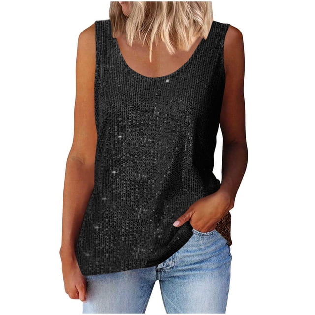 Plebaso Débardeurs à Paillettes à Col Ras du Cou pour Femmes, Hauts Sans Manches Scintillants, Débardeurs de Mode pour Fêtes, Tenue de Boîte de Nuit