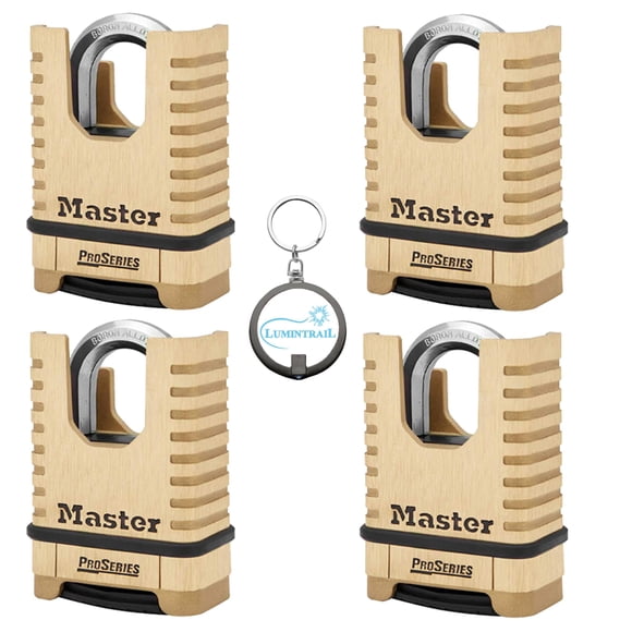 Master Lock 1177D 2-1/4 Po (57mm) Grand ProSeries Cadenas en Laiton Capitonné Combinaison Réinitialisable, Lot de 4 avec Porte-Clés Luminaire