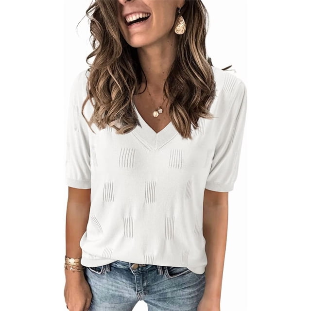 Arach&Cloz Women's V-Neck Short Sleeve Special Rib Knitted Pattern Casual Tops Sweater Spring Summer 2025