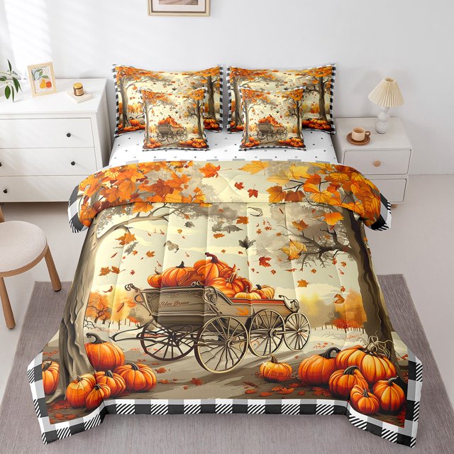 YST Retro Rustic Fall Bedding Sets 7 Piece Autumn Harvest Pumpkins King Bed In A Bag Farmhouse Thanksgiving Comforter Set,Grids Country Maple Tree Leaf Bed Sheet Set With Comforter