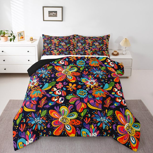 Erosebridal Abstract Groovy Blossoms Bedding Comforter Set, Rainbow Floral Flower Down Comforter, Reversible 2 Pieces