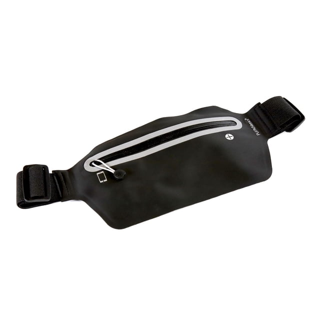 PurAthletics Essentials Waist Pack centered front view slim neoprene waist pouch with invisible zippers, reflective edges and accents, separate key compartment and waterproof compartment, adjustable elastic belt fits 24–42 in waist, fits most mobile devices and often used as a compact travel organizer for charging cables and earbuds.
