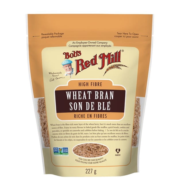 Bob's Red Mill Son de Blé 227 g Emballage Refermable avec Étiquette à Haute Teneur en Fibres en Anglais et en Français, avec Fenêtre Transparente Montrant des Flocons de Son de Blé Brun Clair, Convient pour Ajouter des Fibres Alimentaires aux Produits de Boulangerie et aux Repas.