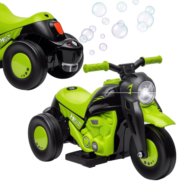 Qaba Vélo Électrique, Voiture à Bulles à Chevaucher avec Phare DEL, Musique Vert. une Moto Jouet 6V Verte et Noire à Chevaucher pour Enfants de 2 à 5 Ans, avec Trois Roues pour la Stabilité, un Phare DEL Lumineux et une Fonctionnalité de Production de Bulles avec Musique. Offre un Mouvement vers l'Avant et vers l'Arrière à des Vitesses Sécuritaires jusqu'à 3 km/h. Comprend un Garde-Boue Protecteur et un Siège Ergonomique pour le Confort, Idéal pour Jouer Dehors.