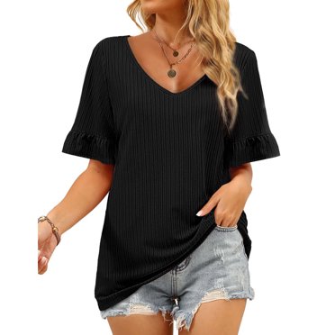 TIHLMK Hauts pour Femmes Blouse Décontractée à Manches Courtes Col en V T-shirt Tunique
