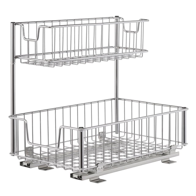 TRINITY Sliding Undersink Organizer with two chrome wire baskets on 15.75-inch sliding rails, including a reversible top basket and larger bottom basket, ideal for maximizing cabinet or undersink storage space.