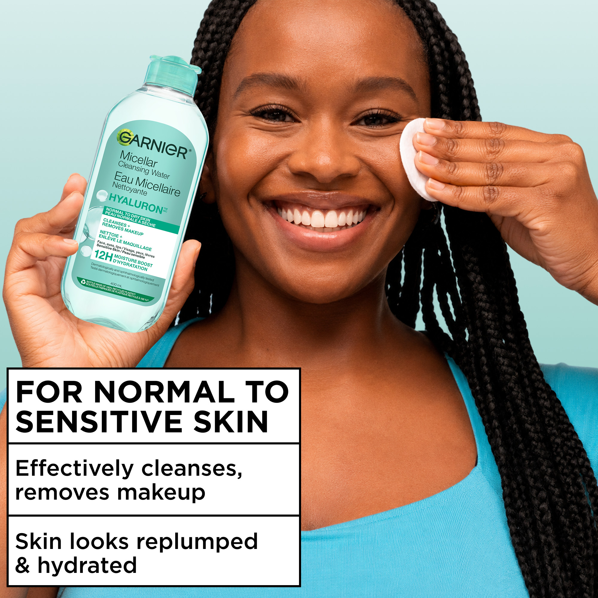 Garnier Eau Micellaire Nettoyante Tout-en-1 à L'acide hyaluronique, Convient Aux Peaux Sensibles, Cruelty Free International et Végétalien