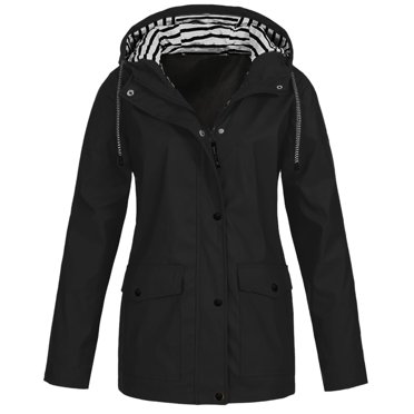 LSLJS Women Solid Rain Jacket Outdoor Plus Size Hooded Raincoat Windproof