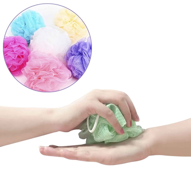 Dvkptbk Bath Ball 5Pcs Bath Shower Body Exfoliate Puff Sponge Mesh Net Random Scrubbers. The image shows a set of five colorful nylon bath puffs in random colors, including pink, blue, white, purple, and yellow, with a close-up of a green puff being used on hands. Lightweight and breathable, these sponges are designed for exfoliation and revitalizing the skin, suitable for use with soap or shower gel.