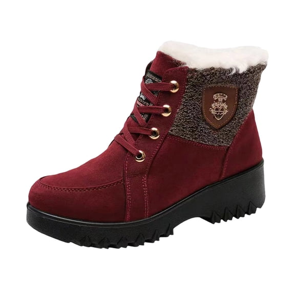 A-882 Red Ladies Thick Sole Snow Boots Round Toe Lace Up Warm Mid Calf Comfortable Winter Boots