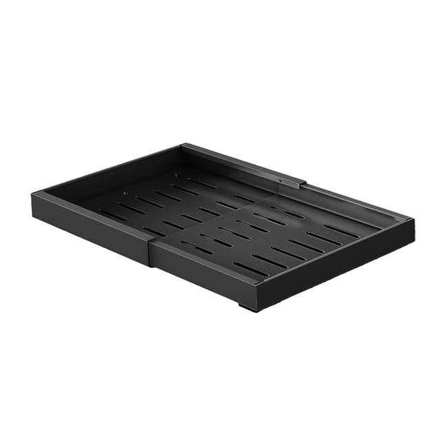 Pull Out Cabinet Organizer Expandable, heavy-duty slide-out drawers made of carbon steel with a modern minimalist design. Adjustable width fits cabinets from 12.6 to 26.7 inches, ideal for kitchen pantry organization. Adhesive installation ensures easy setup, with polished finish for smooth edges and secure hook mechanism for stability.