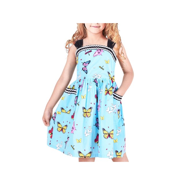 Robe Fille Bleue Papillon avec Poche Débardeur Robe Vintage 8 Ans