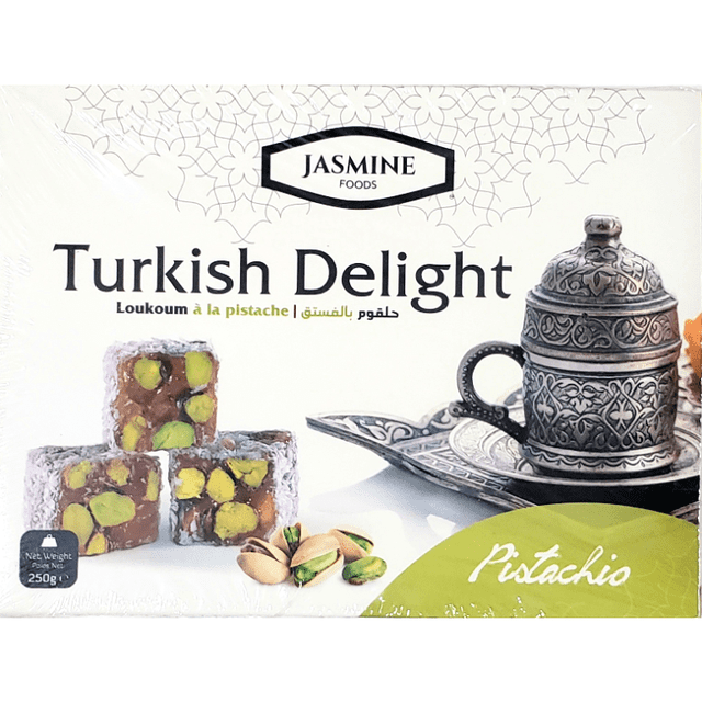 Jasmine Turkish Delight Pistachios 250g with three powdered sugar-coated cubes of pistachio-filled Turkish delight, shelled pistachios, and an ornate silver Turkish coffee cup and tray on a white background, suitable as a traditional confection or gift.