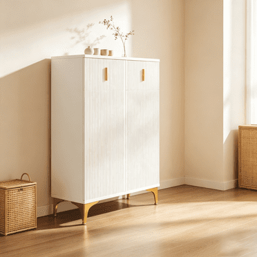 Homy Casa White Shoe Cabinet with 2 Drawers, Adjustable Shelves and Push-to-Open Doors for Entryway