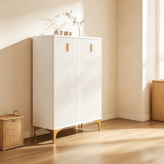 Homy Casa meuble à chaussures blanc avec 2 tiroirs, tablettes réglables et portes à pression
