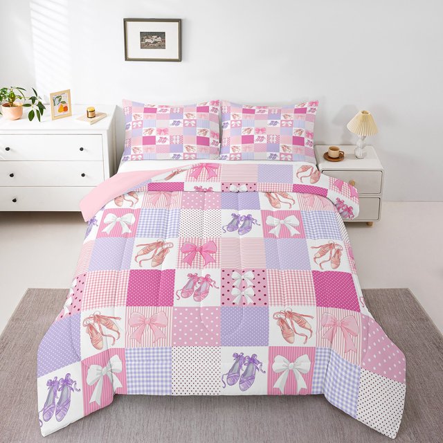 Pink Patchwork Toddler Size Comforter Set 2-Piece, Girls Pink Bowknot Bedding Set Cute Ballet Shoes Pattern Bedding Comforter Sets, Princess Style Plaid Down Comforter, Pink Purple
