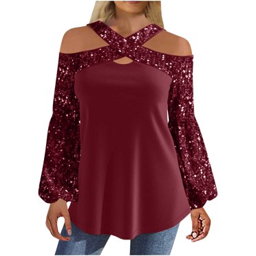Besolor Hauts à Paillettes pour Femmes Manches Longues Lanterne Épaules Dénudées Blouses Col en V Croisé Sorties Fête Chemises Tuniques Bordeaux