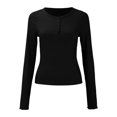thumbnail image 4 of Long Sleeve Tee Shirts 2023 Long Sleeve Shirts for Women V Neck Henley Tops Slim Fit Basic Ribbed Knit Button down T Shirts Tops - Hontri, 4 of 5