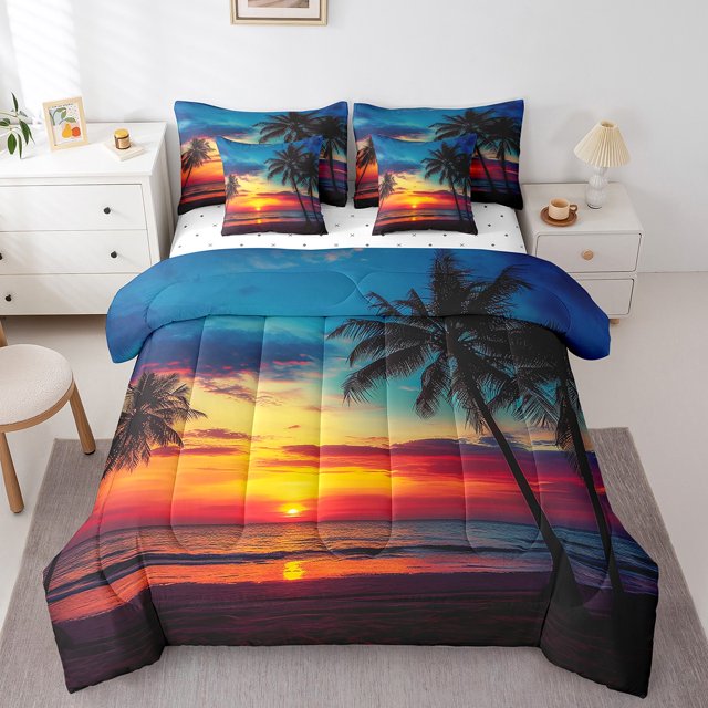 YST Palm Leaf 7 Pcs Comforter Set Twin Size, Ocean Beach Down Comforter, Nature Theme Duvet Set, Sunset Hawaiian Sheet Set Bed In A Bag