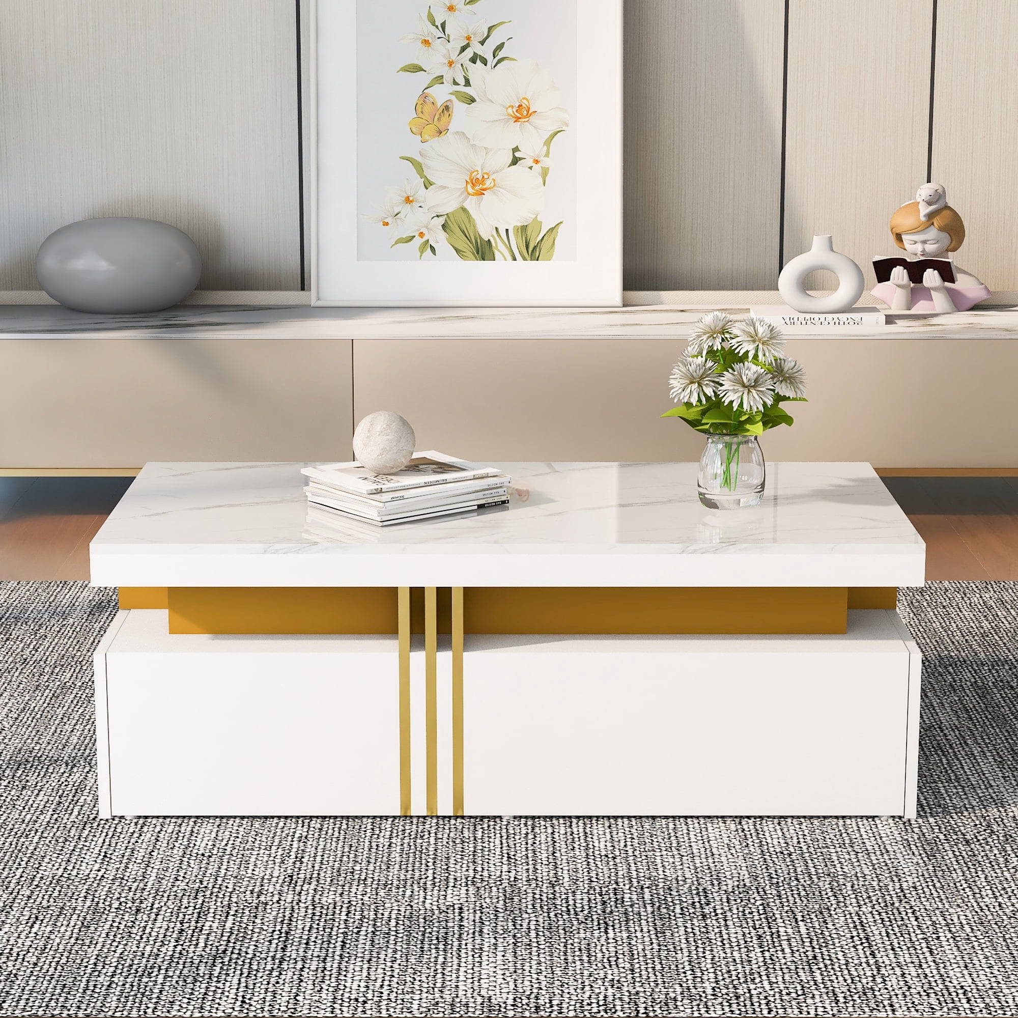 Table basse moderne Noble House, plateau laqué brillant effet marbre, blanche