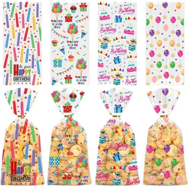 Happy Birthday Cellophane Goodies Bags Clear Plastic Candy Bag Cake Candle Balloon Design Treat Bags with Ties for Cookies Gift Packaging Birthday Party Supplies 50PCS